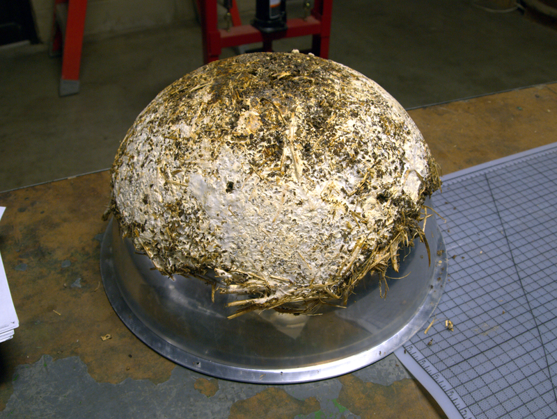 An experimental hemispherical mold for mycoterials. This particular example is the process of drying.